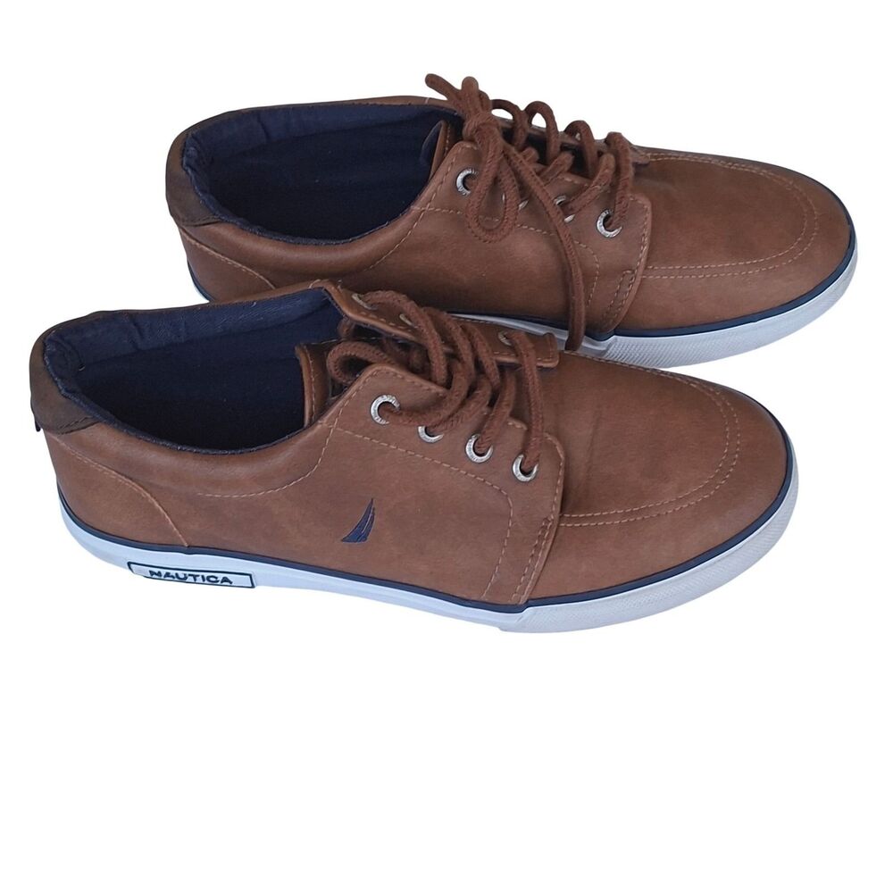 Nautica Boys Brown Faux Leather Low Top Sneakers Lace Up Casual Shoes GOOD